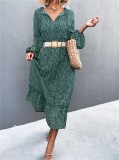 Women Spring Green Vintage V-neck Full Sleeves Dot Print Ruffles Midi Loose Holiday Dress