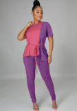 Women Summer Rose and Purple O-Neck Short Sleeves Patchwork Belted Regular Two Piece Pants Set