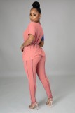 Women Summer Blue and Pink Casual O-Neck Short Sleeves Patchwork Belted Regular Two Piece Pants Set