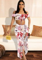 Women Summer Pink Sexy Off-the-shoulder Short Sleeves High Waist Floral Print Ruffles Loose MidiTwo Piece Skirt Set