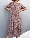 Women Summer Pink Vintage V-neck Half Sleeves Dot Print Midi Loose Holiday Dress