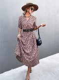 Women Summer Pink Vintage V-neck Half Sleeves Dot Print Midi Loose Holiday Dress