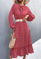 Women Spring Red Vintage V-neck Full Sleeves Dot Print Ruffles Midi Loose Holiday Dress