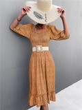 Women Summer Orange Vintage Off-the-shoulder Puff Sleeve Floral Print Ruffles Midi Loose Holiday Dress