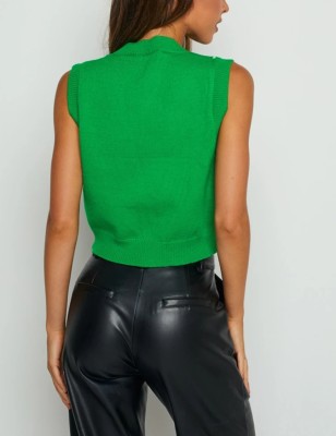 Women Summer Green V-neck Geometric Print Knitted Short Tank Tops