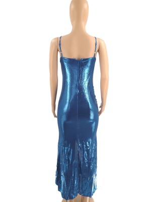 Women Summer Blue Sexy V-neck Straps Solid PU Leather Ruched Slit Midi Asymmetrical Club Dress