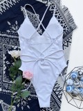 Women White Straps V-Neck Solid One Piece Swimsuit