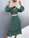 Women Spring Green Vintage V-neck Full Sleeves Dot Print Ruffles Midi Loose Holiday Dress