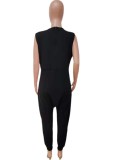 Women Summer Black Casual V-neck Sleeveless Solid Pockets Full Length Loose Jumpsuit