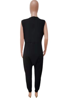 Women Summer Black Casual V-neck Sleeveless Solid Pockets Full Length Loose Jumpsuit