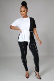 Women Summer White and Black Casual O-Neck Short Sleeves Patchwork Belted Regular Two Piece Pants Set