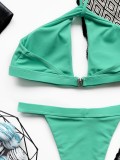 Women Green Halter Backless Solid Keyhole Two Piece Swimwear