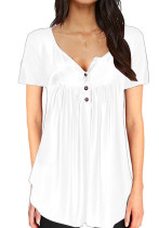 Women Summer White Casual V-neck Short Sleeves Solid Button Regular Loose Tops