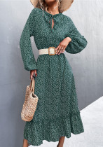 Women Spring Green Vintage V-neck Full Sleeves Dot Print Ruffles Midi Loose Holiday Dress