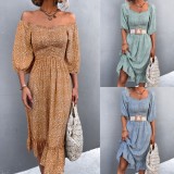 Women Summer Green Vintage Off-the-shoulder Floral Print Ruffles Midi Loose Holiday Dress