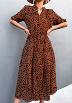 Women Summer Brown Vintage V-neck Half Sleeves Dot Print Midi Loose Holiday Dress