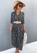 Women Summer Black Vintage V-neck Half Sleeves Dot Print Midi Loose Holiday Dress
