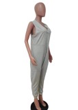 Women Summer Grey Casual V-neck Sleeveless Solid Pockets Full Length Loose Jumpsuit