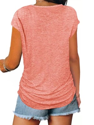 Women Summer Pink Casual V-neck Short Sleeves Solid Zippers Regular T-Shirt