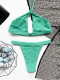 Women Green Halter Backless Solid Keyhole Two Piece Swimwear