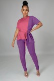 Women Summer Rose and Purple O-Neck Short Sleeves Patchwork Belted Regular Two Piece Pants Set