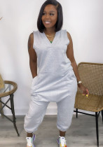 Women Summer Grey Casual V-neck Sleeveless Solid Pockets Full Length Loose Jumpsuit