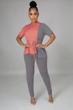 Women Summer Pink and Gray Casual O-Neck Short Sleeves Patchwork Belted Regular Two Piece Pants Set