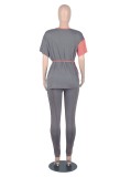 Women Summer Pink and Gray Casual O-Neck Short Sleeves Patchwork Belted Regular Two Piece Pants Set