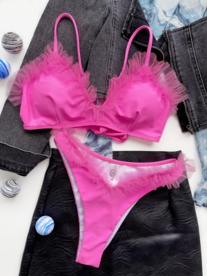 Women Rose Bikini Straps Solid Ruffles Two Piece Swimwear