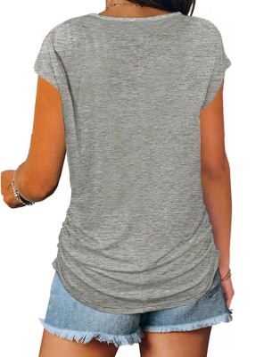 Women Summer Grey Casual V-neck Short Sleeves Solid Zippers Regular T-Shirt