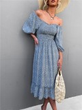 Women Summer Blue Vintage Off-the-shoulder Puff Sleeve Floral Print Ruffles Midi Loose Holiday Dress