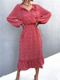 Women Spring Red Vintage V-neck Full Sleeves Dot Print Ruffles Midi Loose Holiday Dress