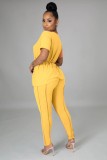 Women Spring Orange and Yellow Casual O-Neck Short Sleeves Patchwork Belted Regular Two Piece Pants Set