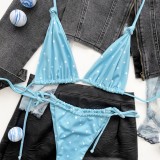 Women Blue Bikini Straps Lace Up Two Piece Swimwear