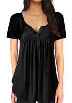 Women Summer Black Casual V-neck Short Sleeves Solid Button Regular Tops