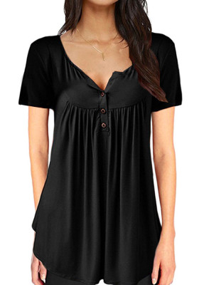 Women Summer Black Casual V-neck Short Sleeves Solid Button Regular Tops