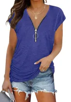 Women Summer Blue Casual V-neck Short Sleeves Solid Zippers Regular T-Shirt
