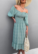 Women Summer Green Vintage Off-the-shoulder Floral Print Ruffles Midi Loose Holiday Dress