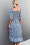 Women Summer Blue Vintage Off-the-shoulder Puff Sleeve Floral Print Ruffles Midi Loose Holiday Dress
