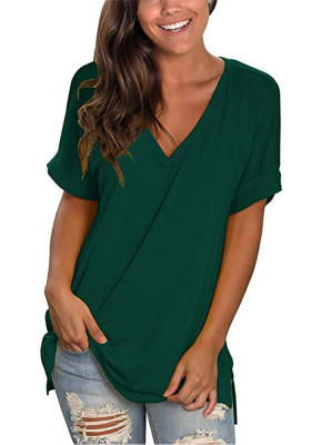 Women Summer Green Casual V-neck Short Sleeves Solid Loose T-Shirt