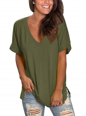 Women Summer Olive Green Casual V-neck Short Sleeves Solid Loose T-Shirt