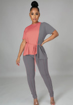 Women Summer Pink and Gray Casual O-Neck Short Sleeves Patchwork Belted Regular Two Piece Pants Set