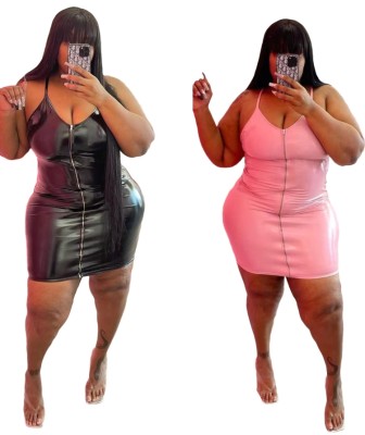 Women Spring Pink Sexy V-neck Sleeveless Solid PU Leather Zippers Plus Size Bodycon Dress