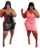 Women Spring Black Sexy V-neck Sleeveless Solid PU Leather Zippers Plus Size Bodycon Dress