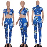 Women Summer Printed Casual Quarter Sleeve Crop Top Skinny Two Piece Pants Set
