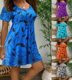 Women Summer Blue Sweet O-Neck Short Sleeves Leaf Print Dress