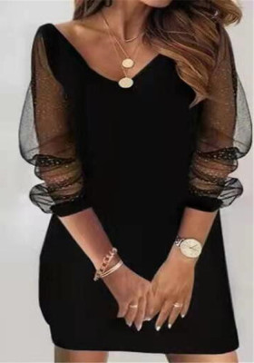 Women Spring Black Romantic V-neck Long Sleeve Solid Lace Mini Dress