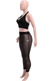 Women Summer Black Sexy Halter Sleeveless Crop Top See Through Mesh Skinny Two Piece Pants Set