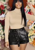 Women Spring Black High Waist Belted Leather Shorts