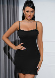 Women Summer Black Sexy Straps Solid Ruffles Bodycon Dress